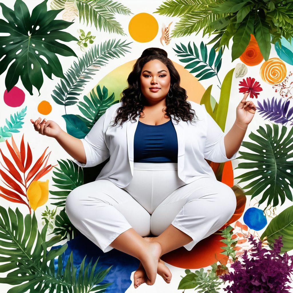 A colorful and vibrant collage showcasing a confident plus-size person expressing their individuality through fashion, surrounded by elements of wellness like plants and meditation tools, with soft textures symbolizing relationships and connections. The background is filled with abstract curves that represent diversity and joy. Use bright colors and a friendly atmosphere. super-realistic. vibrant colors. white background.