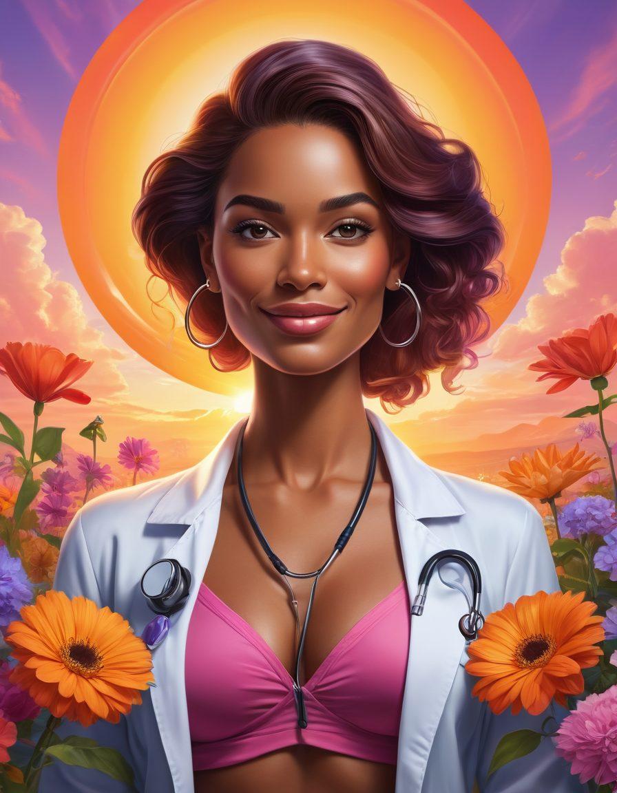 A powerful illustration of a confident woman standing tall, surrounded by symbols of health and empowerment like a stethoscope, weights, and blooming flowers. She has a radiant smile, showcasing her inner strength and confidence. The backdrop features a vibrant sunrise, symbolizing hope and new beginnings. The colors should be warm and inviting, accentuating femininity and empowerment. super-realistic. vibrant colors. 3D.