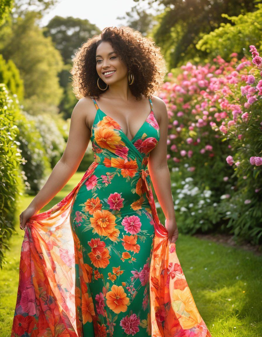 A confident woman of diverse ethnicity with natural curls, celebrating her curves while standing in a lush green park, surrounded by blooming flowers. She wears a vibrant, flowing dress that accentuates her shape, with empowering words like 'Love Yourself' softly glowing in the background. The sunlight creates a warm, inviting atmosphere, showcasing the beauty of body positivity and feminine empowerment. 3D. vibrant colors. soft focus.